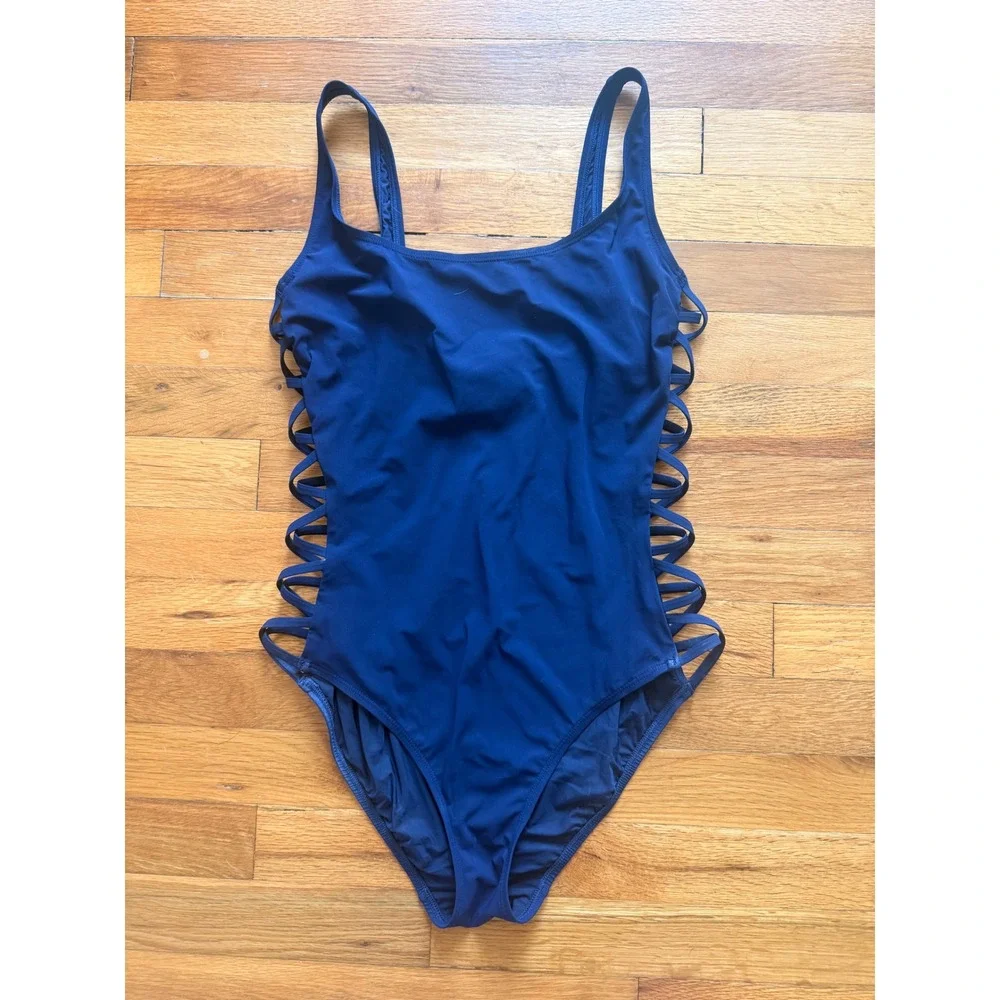 Tory Burch One Piece Swimsuit Navy Blue Lattice Side Strappy Size Medium